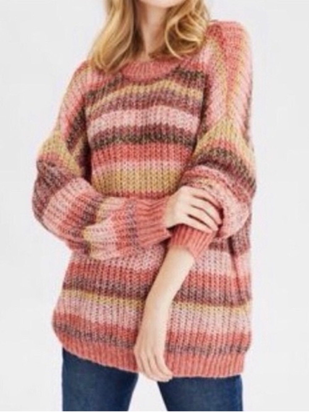 American Eagle Outfitters Pink Multicolor Striped Crewneck Sweater medium